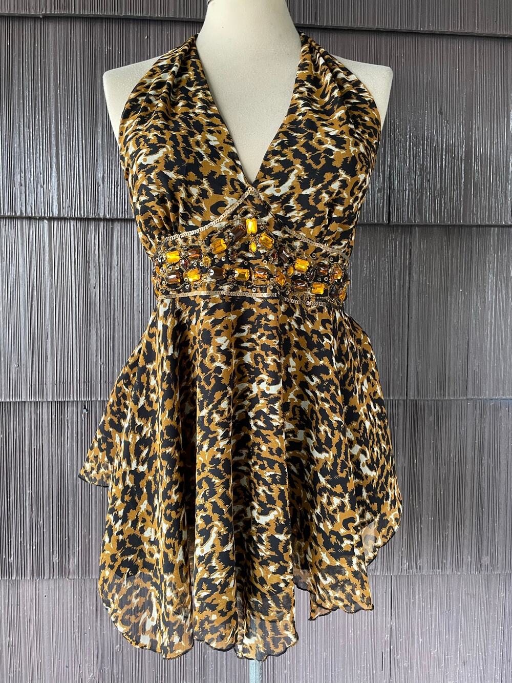 🔥VTG Y2K Halter Neck Ashley Stewart Leopard Rhinestone Asymmetrical Tunic Top